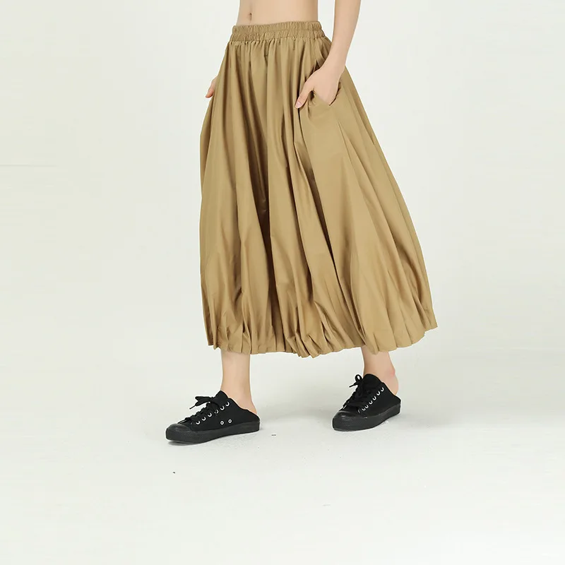 

[EAM] High Elastic Waist Khaki Pleated Stitch Temperament Bud Half-body Skirt Women Fashion Tide New Spring Autumn 2021 1R839