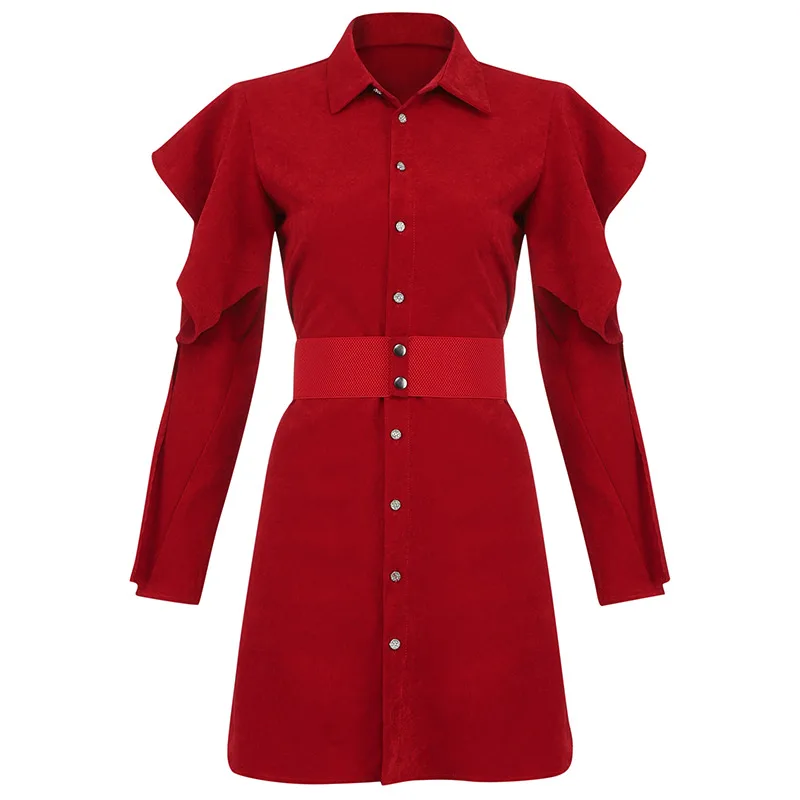 

Max Spri 2020 Spring New Fashion Lady Retro High Waist Skinny Red Long Sleeve A-line Mini Dress Women Causal Ruffles Dresses