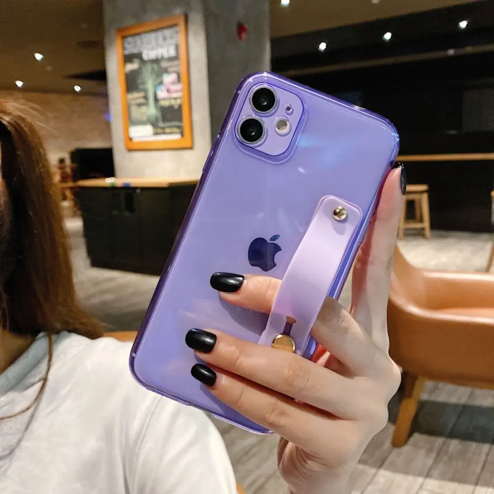 

Wrist Strap Transparent Phone Case For iPhone 11 12 Pro Mini XR X XS Max 7 8 Plus 7S 8S SE 2020 Funda Coque Fluorescent Cover