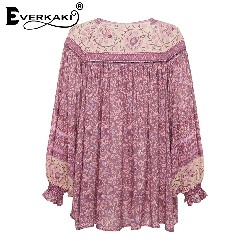Everkaki Boho блузки с цветочным принтом, Рубашки, Топы, женские, с кисточками, с завязками на шее, с длинными рукавами, винтажные топы, блузки, женские,, Осень-зима