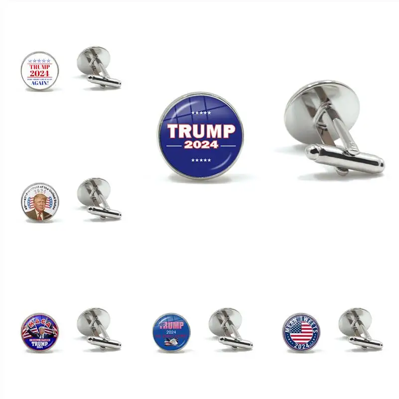 

He Will Be Back 2024 USA Trump Collection Glass Cabochon Cufflinks Cuff Button Jewelry For Women Men Support Trump