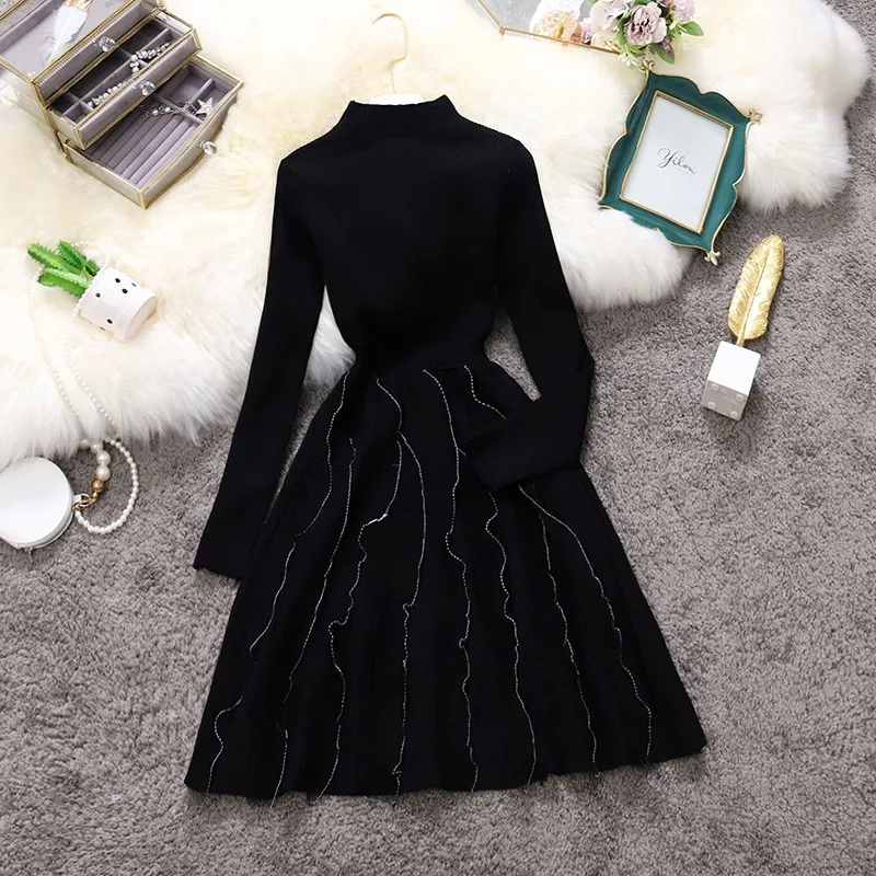 

Spring and Autumn Fried Street Little Black Dress Half High Neck Long Sleeve Wild Knit Dress with Wooden Ears Female 2021 New