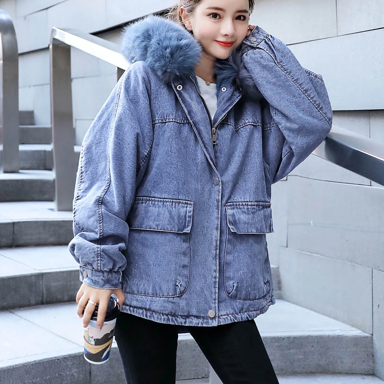 Зимнее теплое женское джинсовое пальто флисовая плюшевая джинсовая куртка