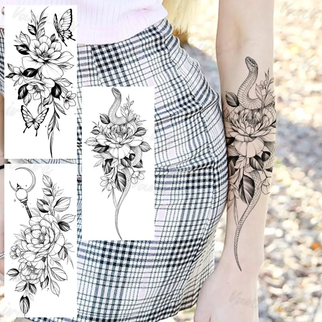 

Pencil Sketch Snake Flower Temporary Tattoos For Women Realistic Butterfly Magic Wand Fake Tattoo Sticker Forearm Body Tatoos