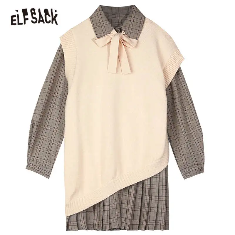 

ELFSACK Plaid Patchwork Bows Neckline Casual 2-IN-1Dresses Women,2020 Autumn ELF Vintage Korean Ladies Daily Preppy Dress