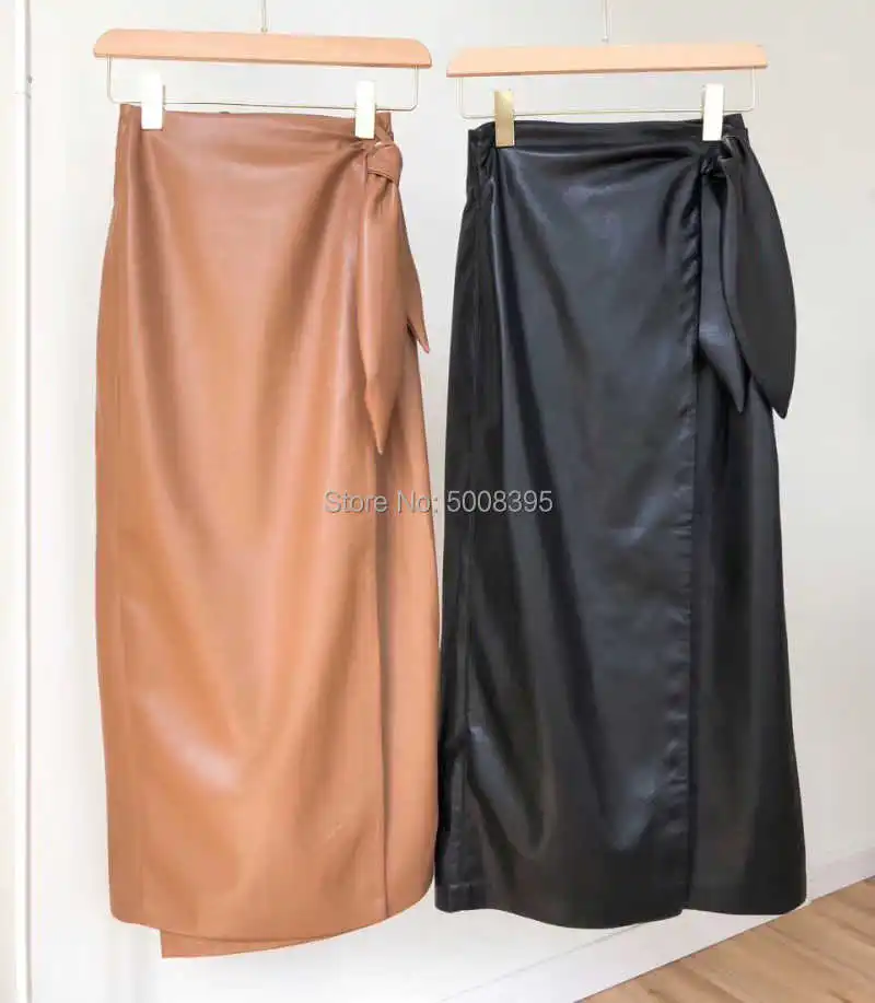 

Soft Faux Pu Leather Wrap Skirt Side Bow Tied High Waist Long Fashion Skirt Blogger Midi Skirts 2021 Fall Winter Black/CAMEL