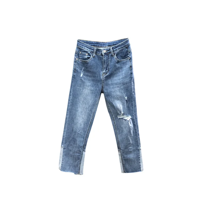 

High Waist Ripped Straight Jeans for Women 2021 Spring and Summer Fashion Trousers Female Lace Stitching Ankle Length Pants