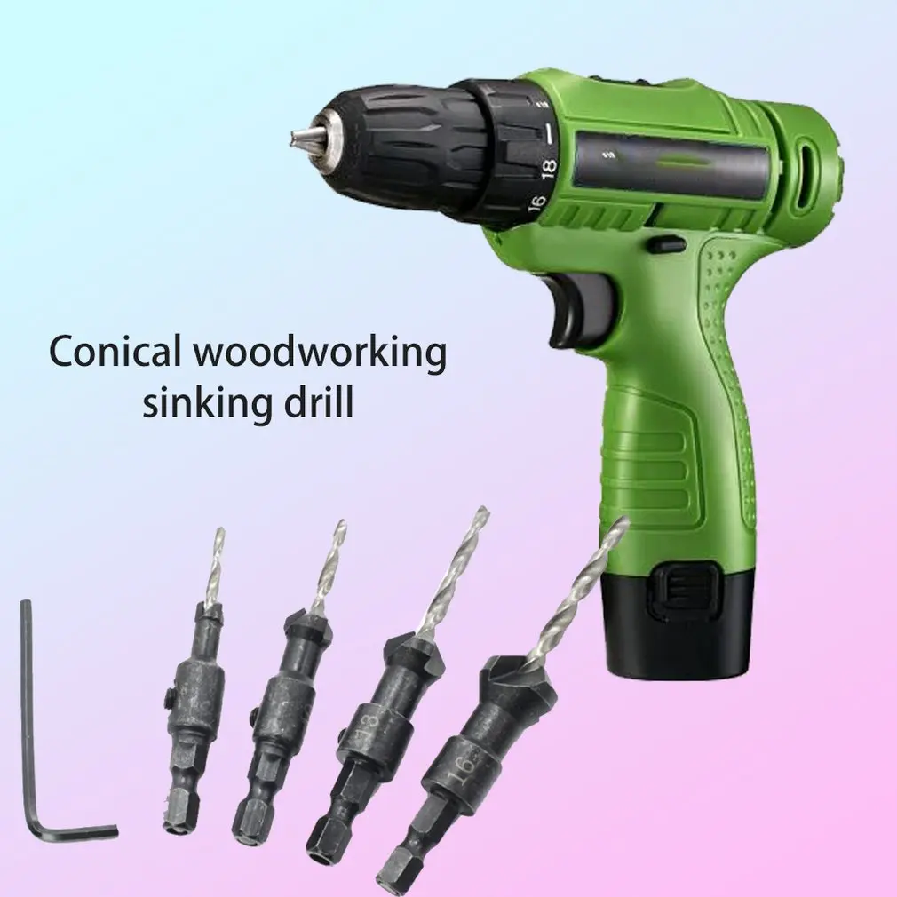 Conical Woodworking Countersink Drill Bit Hex Shank Taper Hole Shaped Opener Set 4Pc | Инструменты