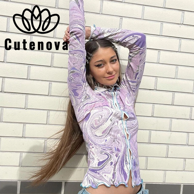 

Cutenove Casual Fashion Autumn Tops For Women 2021 Printed Sailor Collar Long Sleeve Cut Out Crop Tops Female Streetwears
