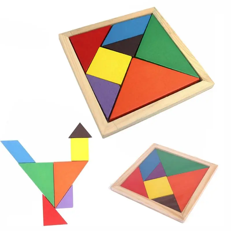 

1 PCS Montessori Wooden Tangram 7 Piece Jigsaw Puzzle Colorful Square IQ Game Brain Teaser Intelligent Educational Toys For Kids