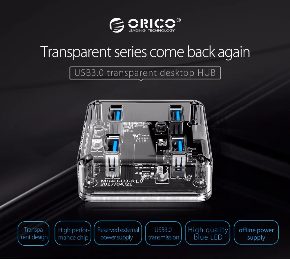 ORICO, 4 порта, USB 3,0, прозрачный Настольный концентратор, адаптер, высокоскоростной USB разветвитель, поддержка OTG с интерфейсом питания Micro USB