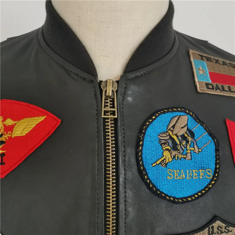 

2020 Green Men American Pilot Jacket Plus Size 6XL Genuine Sheepskin Autumn Slim Fit Military Aviator Leather Coat