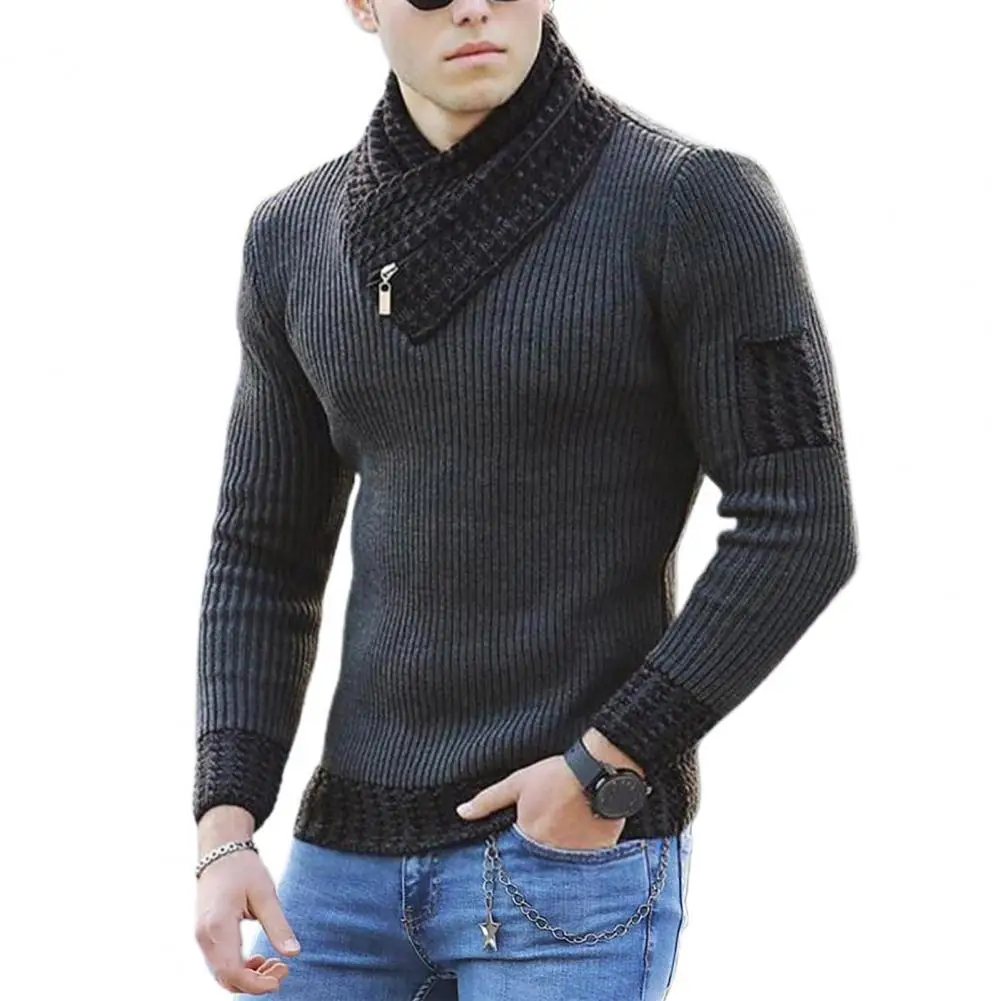 Long Sleeve Scarf Collar Men Sweater Soft Color Block Slim Casual Sweater Streetwear