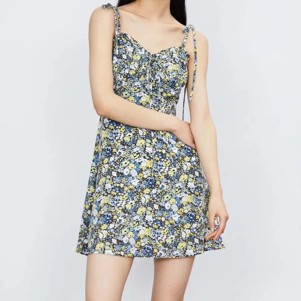 

2021 summer Women Vintage floral Mini Adjustable Sling Dress Elegant beach Strap v neck Vestidos holiday sexy A-Line Dresses trf