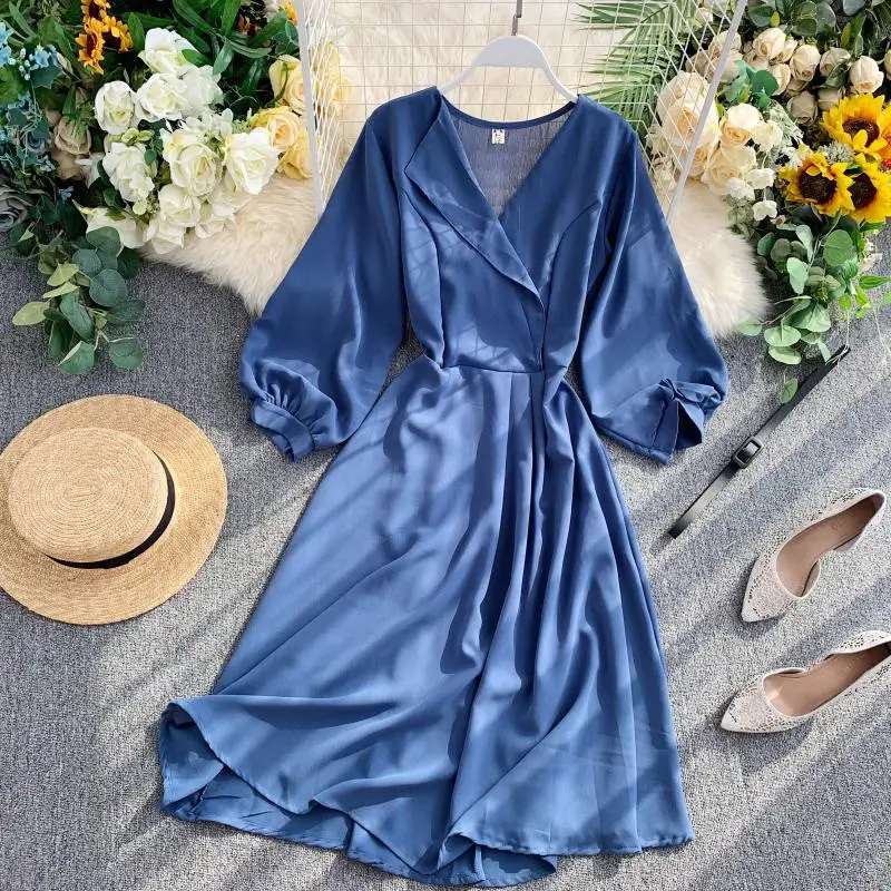 2020 Fashion Spring Summer Chiffon Slim V Neck Puff-Sleeve Belt Dress Beach Party Evening Women Casual Elegant Vestidos | Женская одежда
