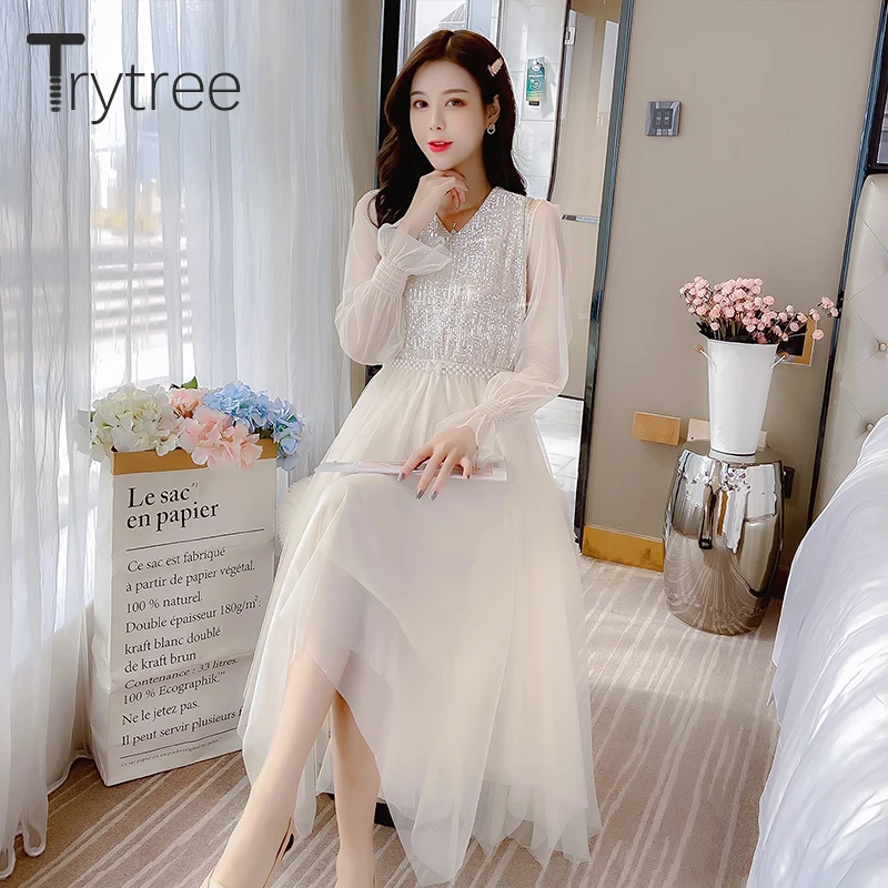 Trytree 2020 весеннее женское Повседневное платье с v образным вырезом расклешенными