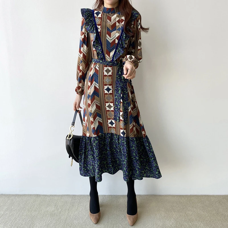 

Vintage Single Breasted Velvet Women Turndown Collar Ruffles Female Femme Elegant Slim Waist Spring Summer Dress