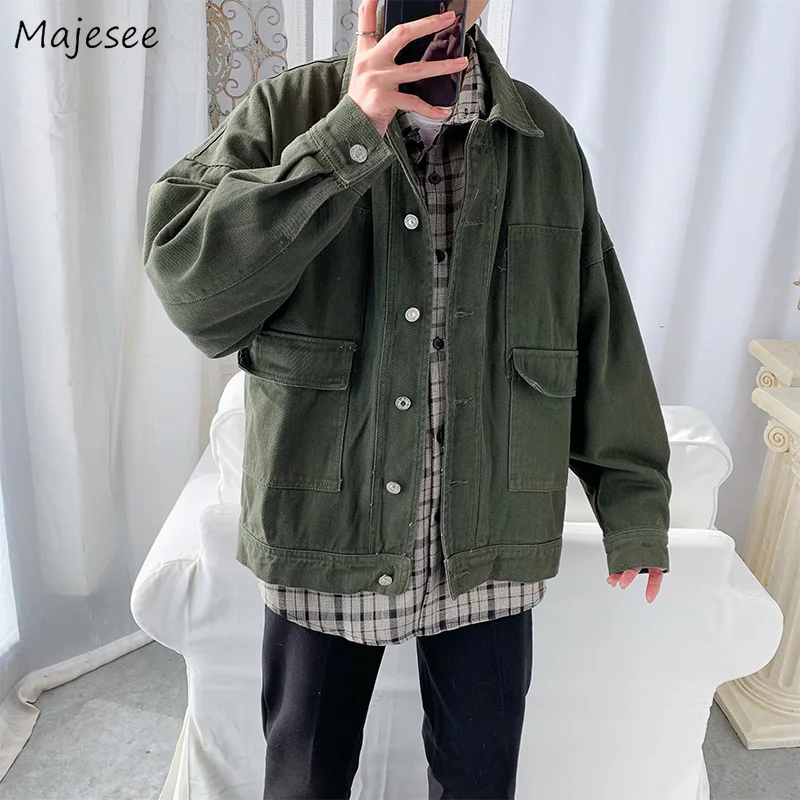 

Denim Jackets Men Vintage Streetwear Baggy Coats Solid All-match Tooling Handsome Jacket Harajuku Korean Fashion Hombre Outwear