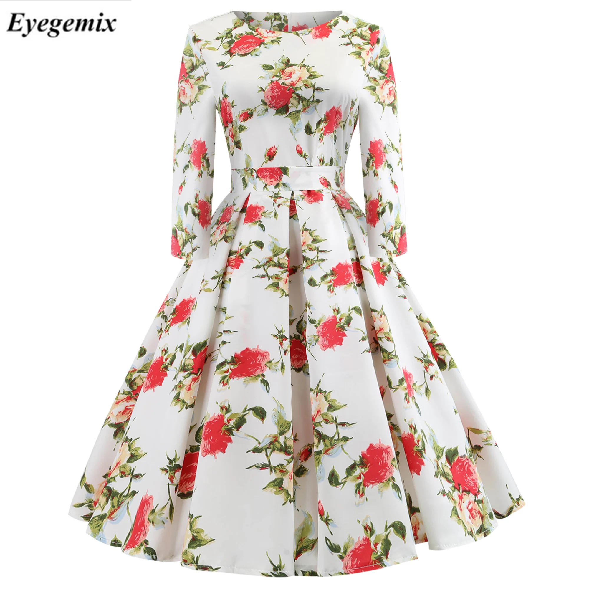 Autumn New Floral Print Vintage Vestidos 3/4 Sleeve Elegant Midi Dresses Tunic Robe Femme Casual Office Work Party Dress |