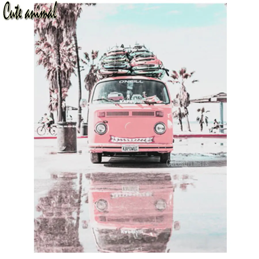 

Картина из квадратных и круглых страз, с изображением розового автобуса, автомобиля, пляжа, Морского Пейзажа, 5D алмазная вышивка крестиком, ...