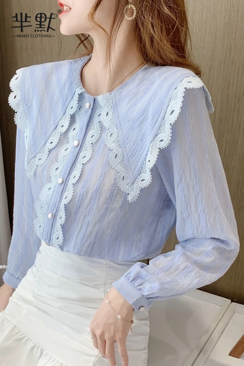 

Chikichi 2021 Spring and Autumn New Korean Lace Doll Collar Shirt Net Yarn All-match Chiffon Women Tops Long Sleeve Blouse