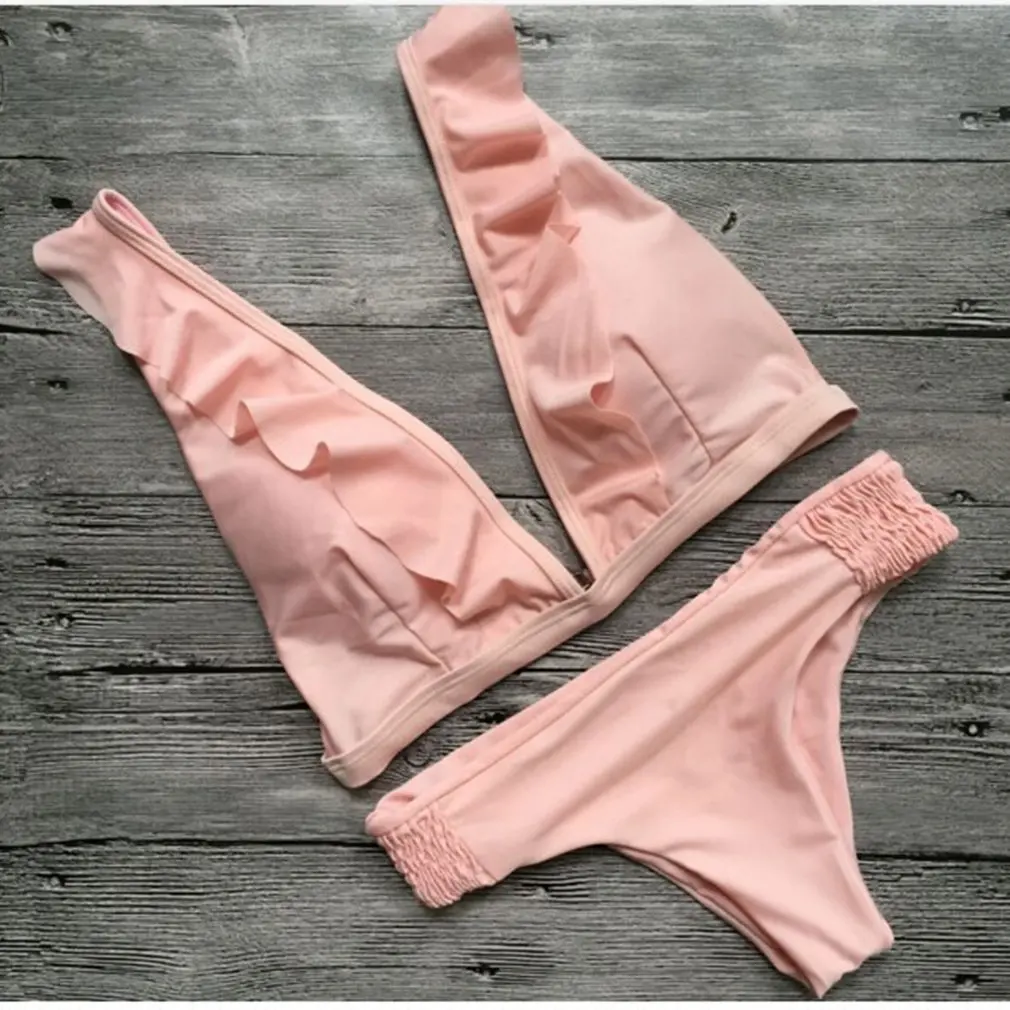 2017 стильное бикини Женский сексуальный купальник с оборками и глубоким вырезом