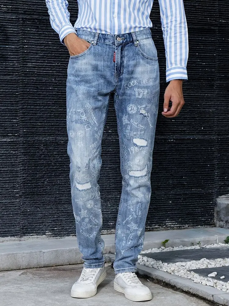 

American Streetwear Fashion Men Jeans Retro Light Blue Slim Fit Ripped Jeans For Men Printed Denim Punk Pants
