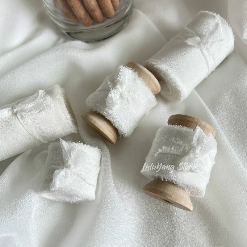 

100%Pure Silk Ribbon Handmade Frayed Edged Natural Silk Satin Taffeta White For Wedding Invitation Bouquet Stationery DIY Crafts