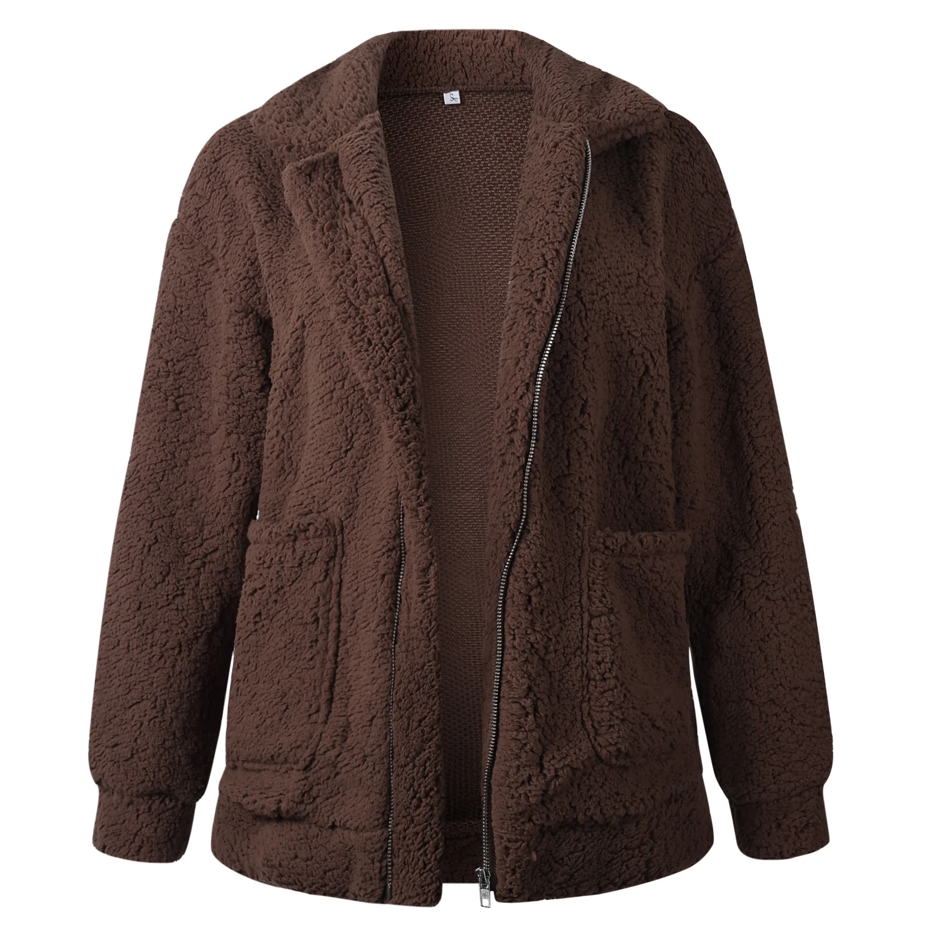 Dark Brown Осень зима ткань женские пальто и куртки карман ягненка кашемировые пальто уличная корейский стиль Свободное пальто на молнии плюшевая куртка - Цвет: Dark Brown
