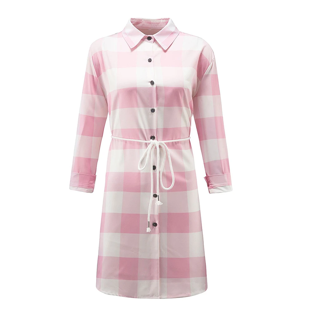 2021 New Design Good Quality Factory Price Fashion Hot Selling Women's Long-Sleeved Tie-Cord Button Plaid Print Dress | Женская