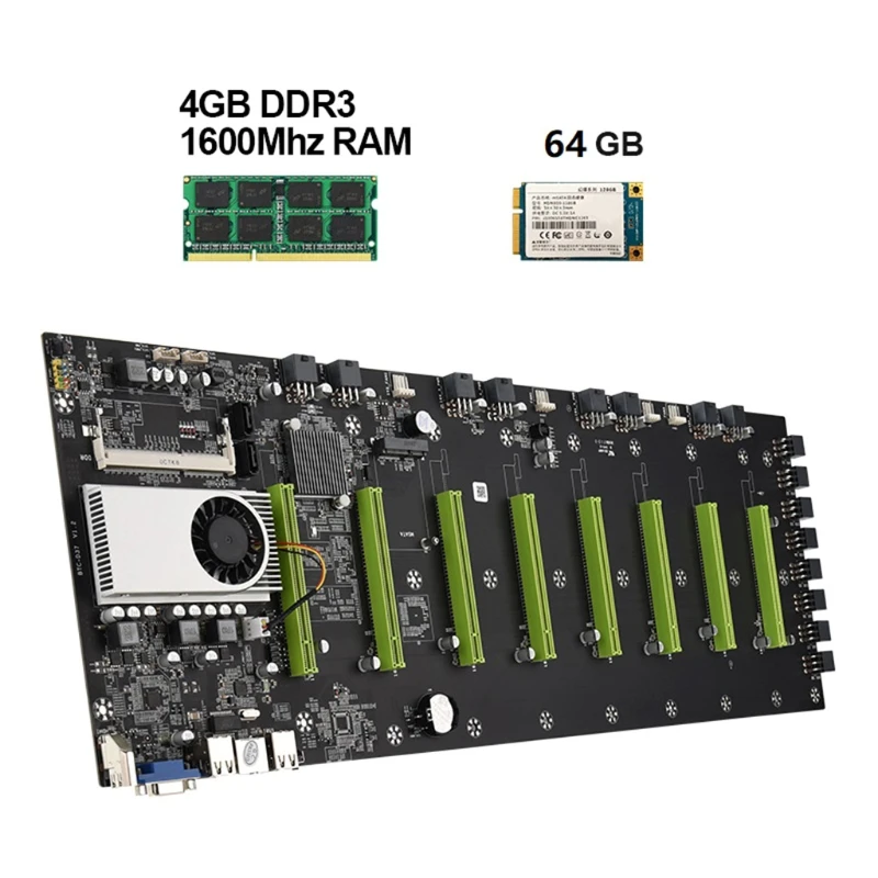 

2021 New BTC-D37 Motherboard Set 8 PCI-E 16X 4 x USB2.0 / DDR3 Sodimm Professional Mining Motherboard 55mm Distance 64G SSD
