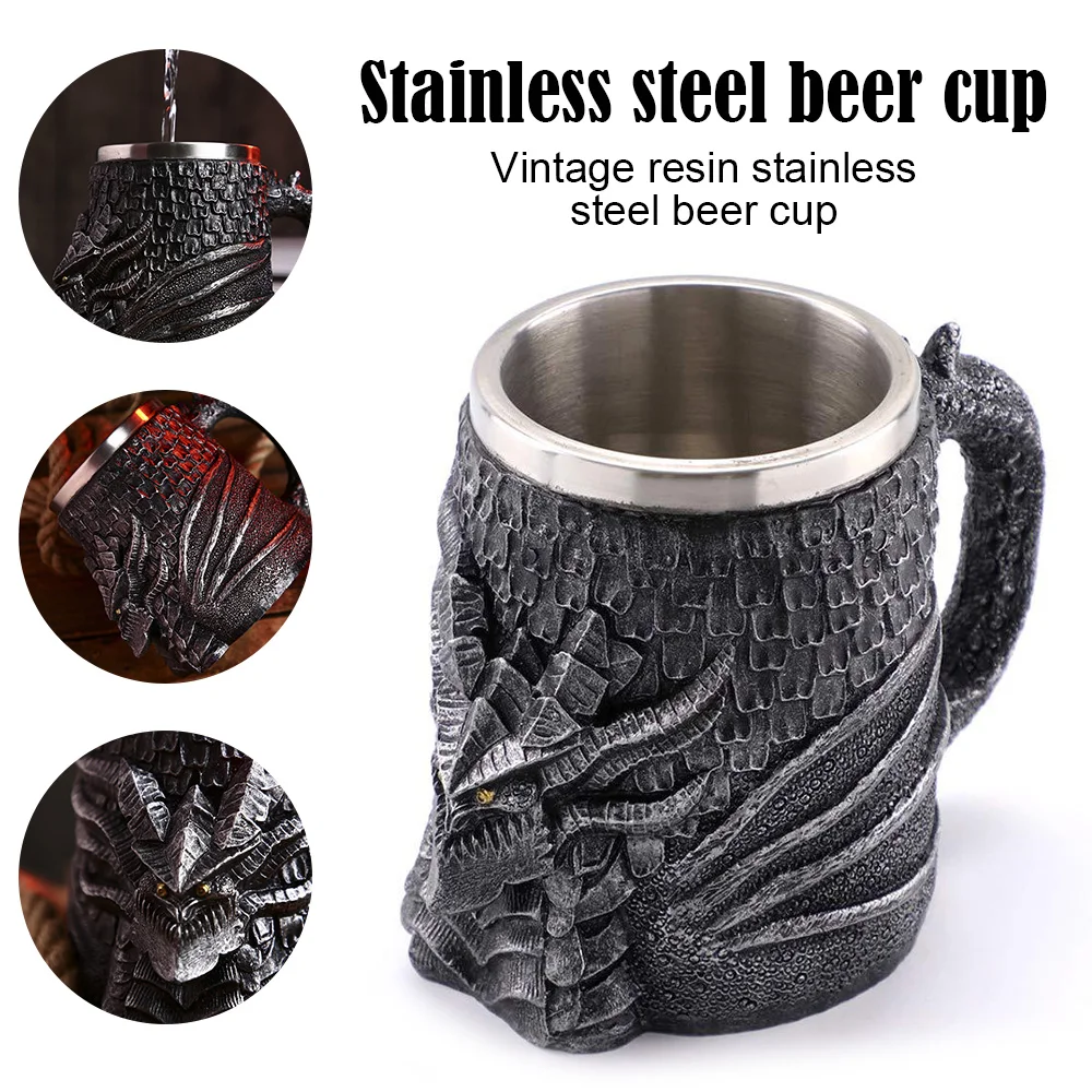 

Retro Dragon Mug Resin Stainless Steel Beer Mug Skull Knight Tankard Halloween Coffee Cup Creative Tea Mug Pub Bar Decoration