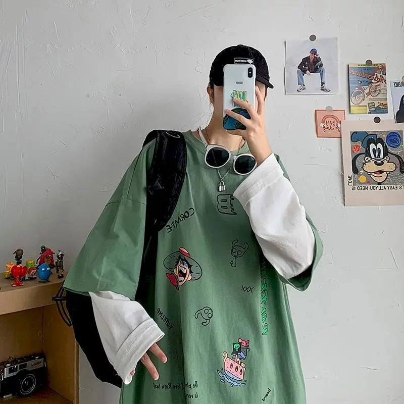 

Men Long Sleeve T-shirt 2021 New Anime Printing Casual Loose Autumn Korean Harajuku Hip Hop Splicing Fake Two Pieces Women Tops