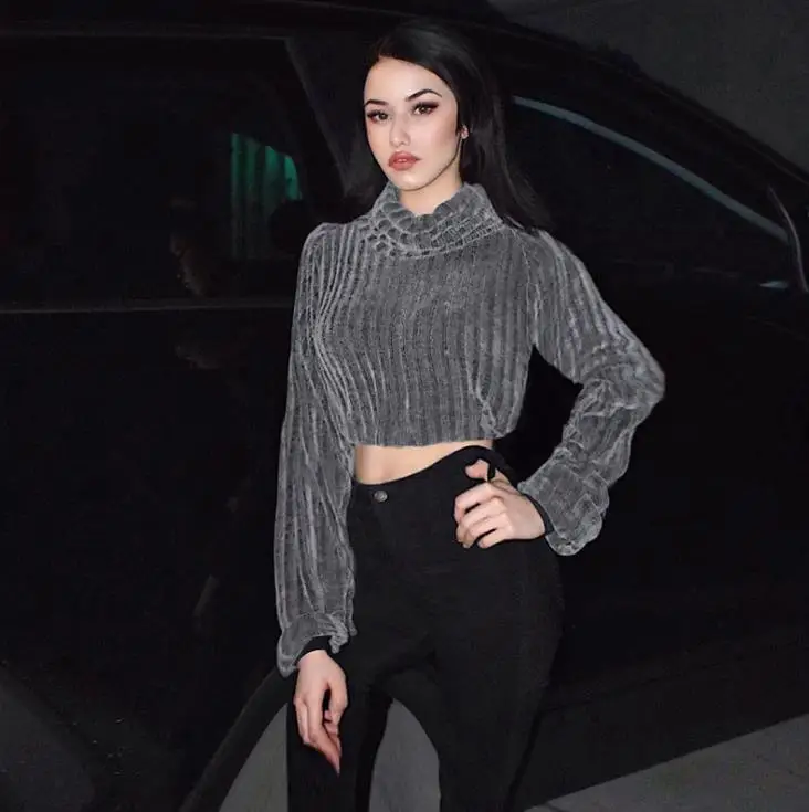 Женский вязаный свитер с длинным рукавом повседневный серый укороченный топ