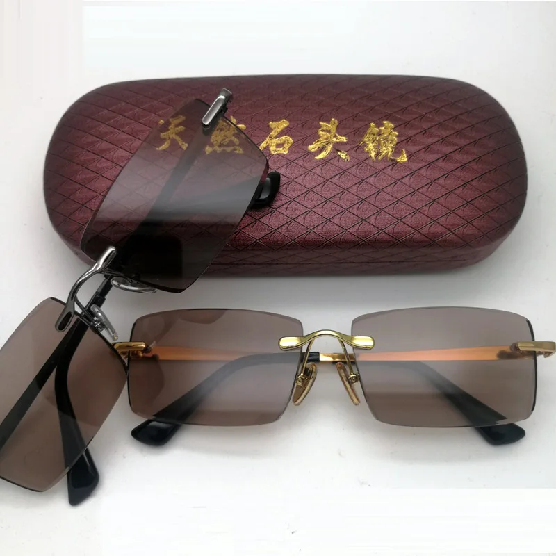 Vazrobe Stone Sunglasses Male Brown Crystal Sun Glasses for Men Rimless Anti Scratch Heavy UV400