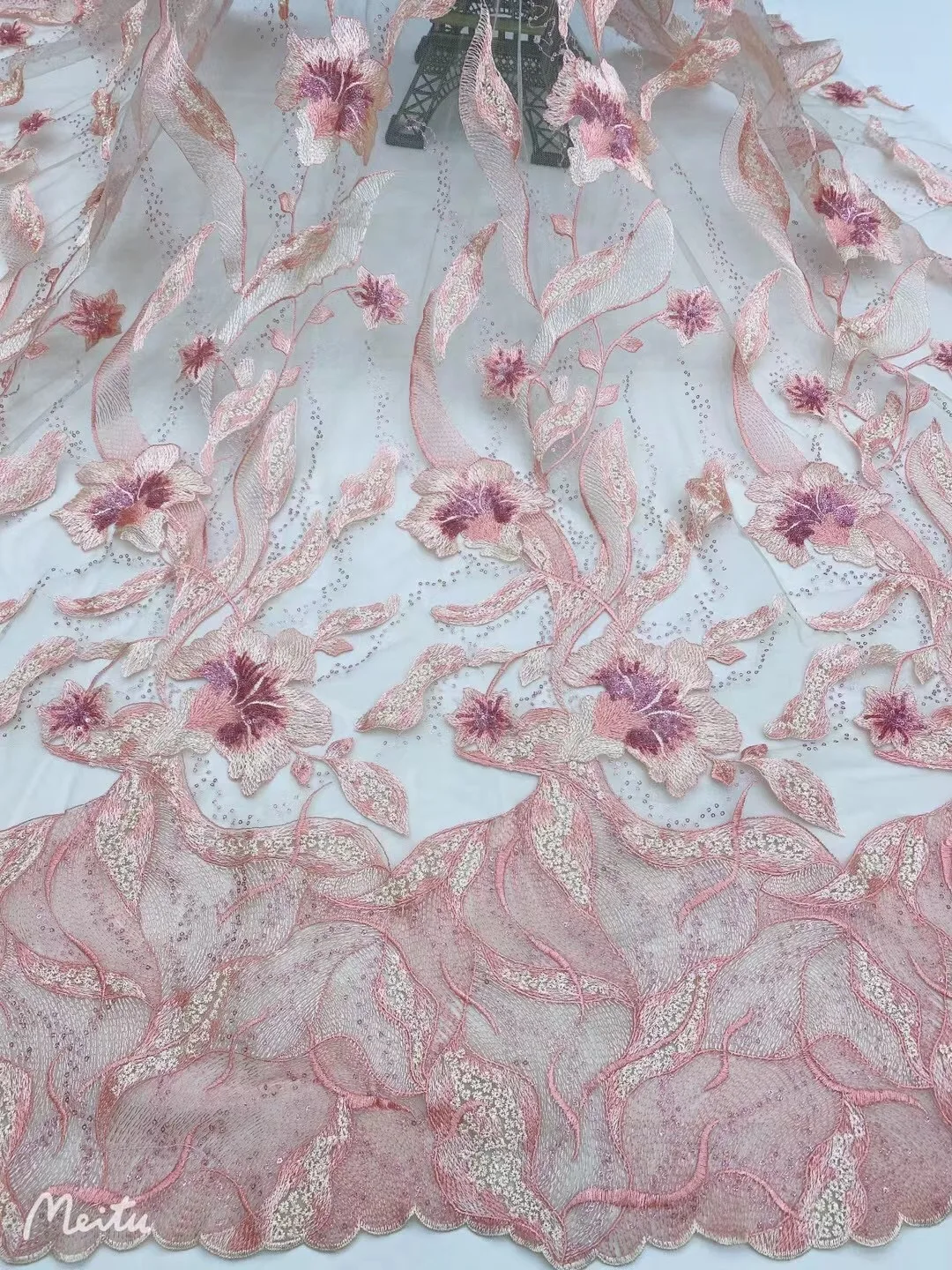 

Newest Nigerian Fashion Pink color 3D flora Wedding lace African embroedered french style tulle net lace fashion show