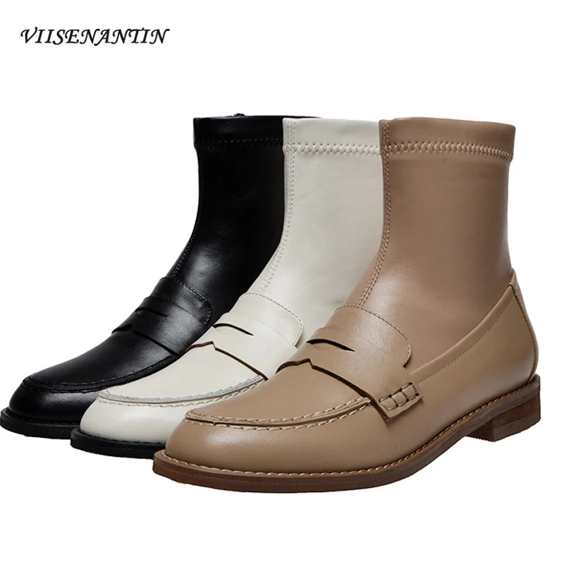 

Новинка кожаные персиковые эластичные ботинки на плоской подошве осень/зима корейский стиль универсальная обувь с ремешком на толстом каб...