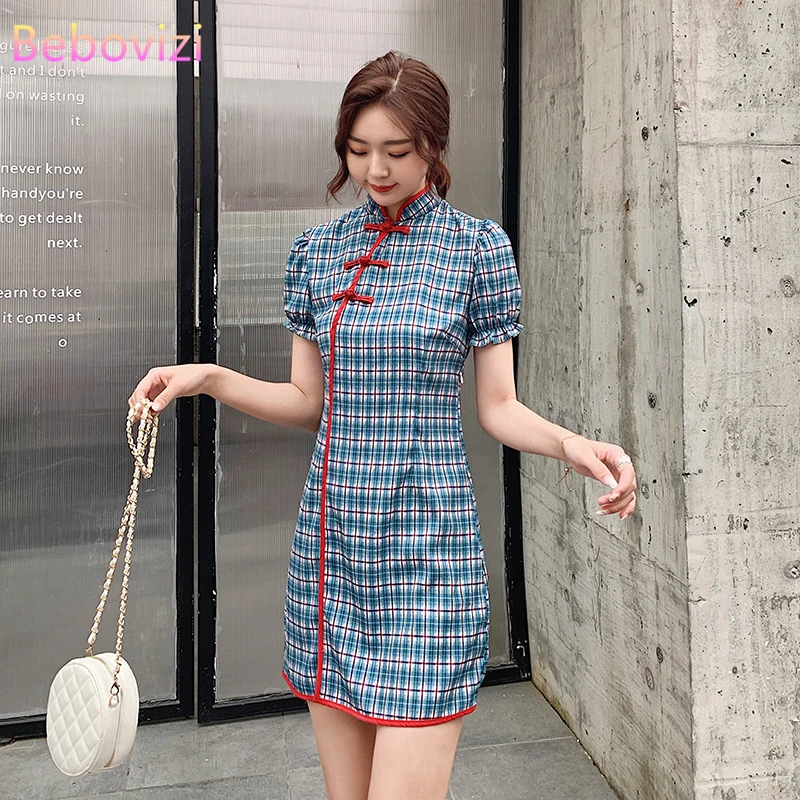 

2021 New Blue Grid Slim Sexy Party Casual Qipao Traditional Chinese Clothes Vintage Modern Cheongsam Dress for Women Shanghai