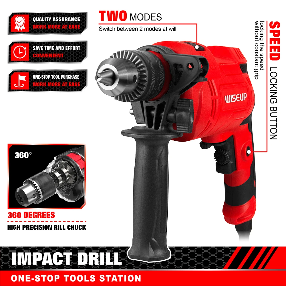WISEUP 710W Electric Screwdriver Household Impact Drill Multi-function Rotary Hammer Drill Head Variable Speed Power Tool