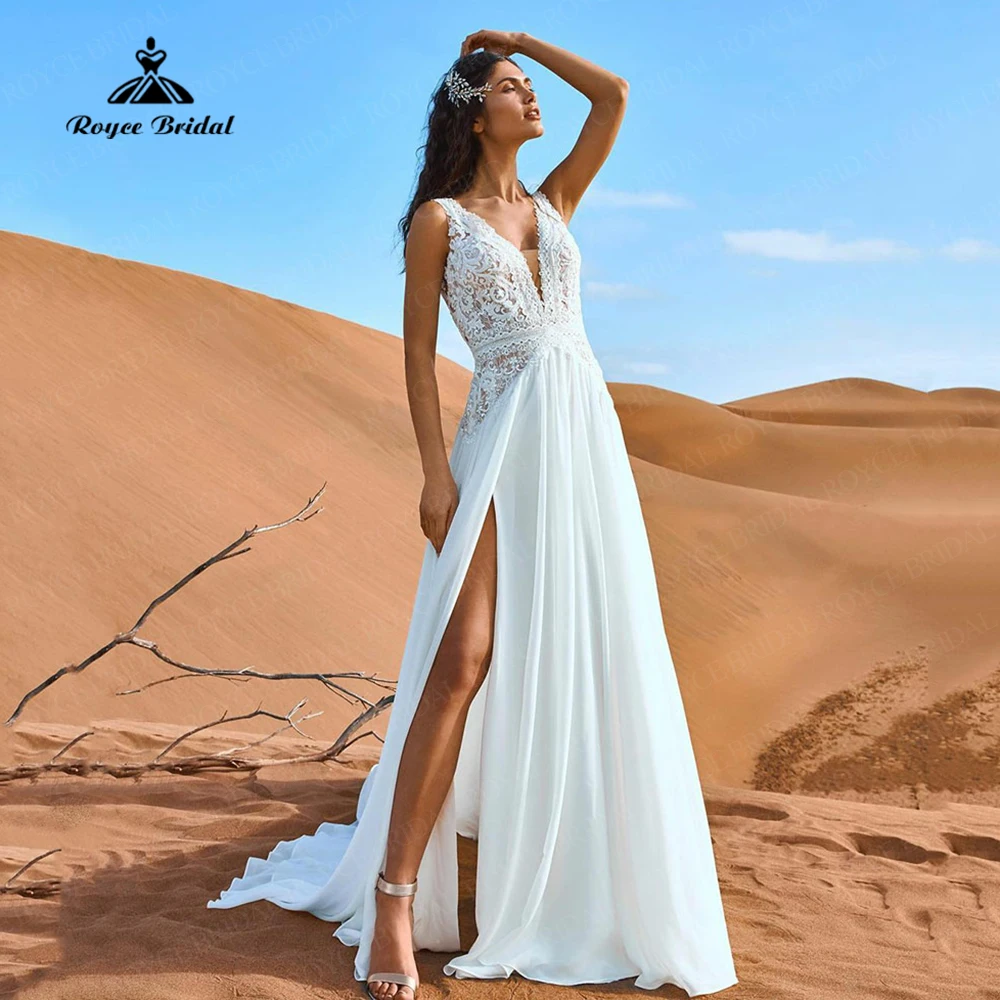 

Пляжное свадебное платье в стиле бохо, сексуальные кружевные платья с открытой спиной и V-образным вырезом для невесты, женское простое шифоновое свадебное платье