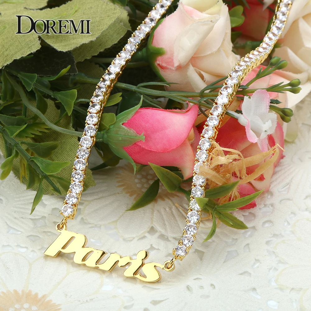 DOREMI Hip Hop Style 4MM Zircon Chain Custom Stainless Steel Name Necklace Iced Out Personalized Name Pendant with Logo Numbers