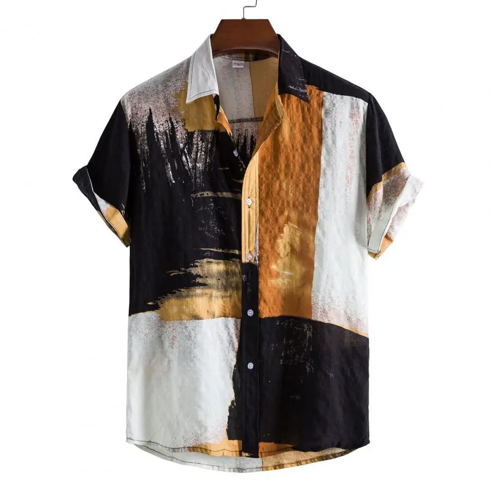 

60%HOTShort Sleeve Men Shirt Turn-down Collar Casual Patchwork Print Loose Hawaiian Shirt Beachwear