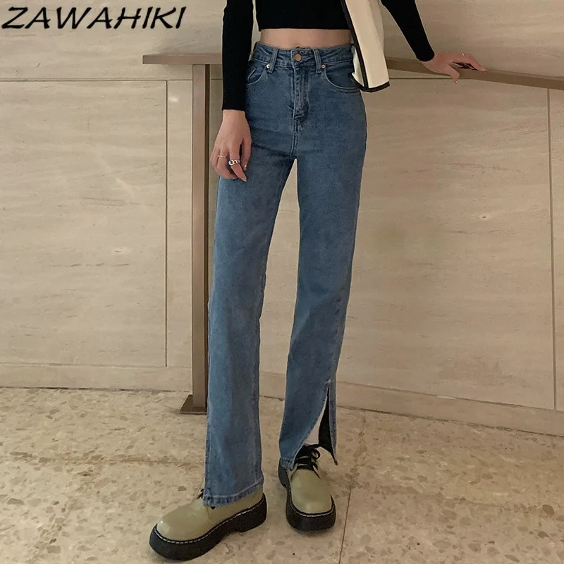 

ZAWAHIKI Korean Casual All-match Skinny Jeans Woman High Waist Slim Bodycon Straight Split Fork Jeans Long Denim Jeans