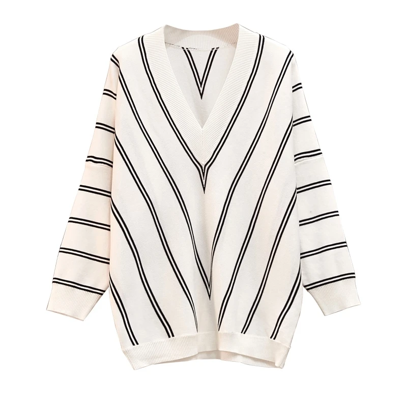 

Vintage Striped Women Sweater Pullovers V-Neck Plus Size Bottoning Knit Top Casual Long Sleeve Regular Computer Knitted 2021