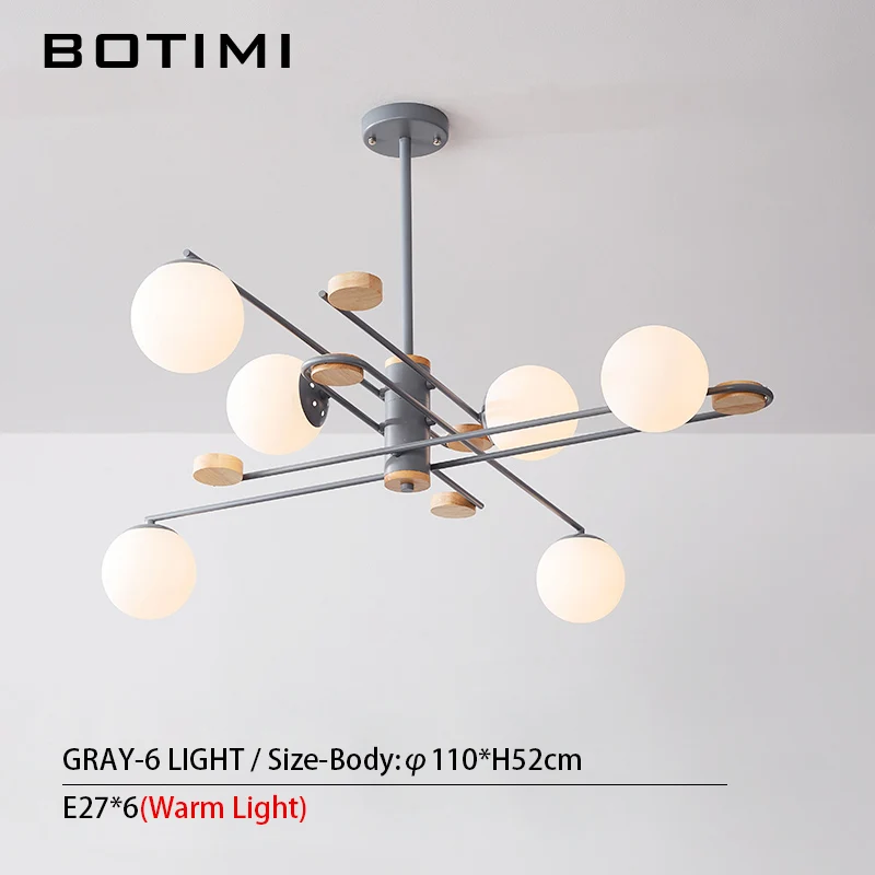 Gray-6 Light BOTIMI Стекло шар светодиодный Люстра для Гостиная Творческий Спальня люстры подвесной металлический обеденный светильник деревянные дома деко лампы - Цвет абажура: Gray-6 Light