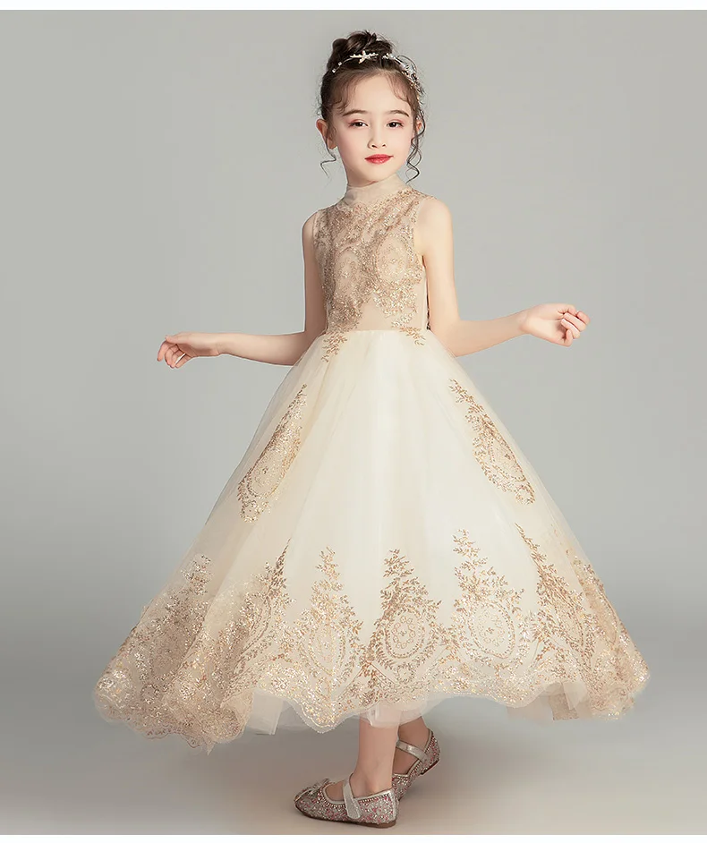 Golden Sequin Lace Girl Wedding Dress Long Flower Girl Dress Princess Party First Communion Gown Baby Girl Baptism Pageant Gown