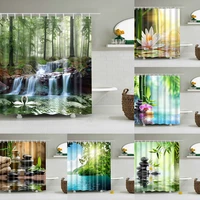 stone bamboo mountains rivers landscape floral decor fabric set polyester waterproof fabric bathtub shower curtain with hooks