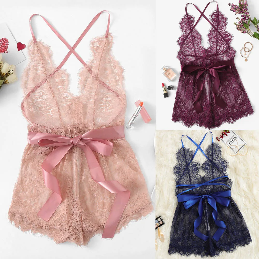 

2021 Sexy Lace V-neck dress Bodycon Bodysuit Women Lace Babydoll Sleeveless Ladies Mesh See Through Rompers Club Wear Summer