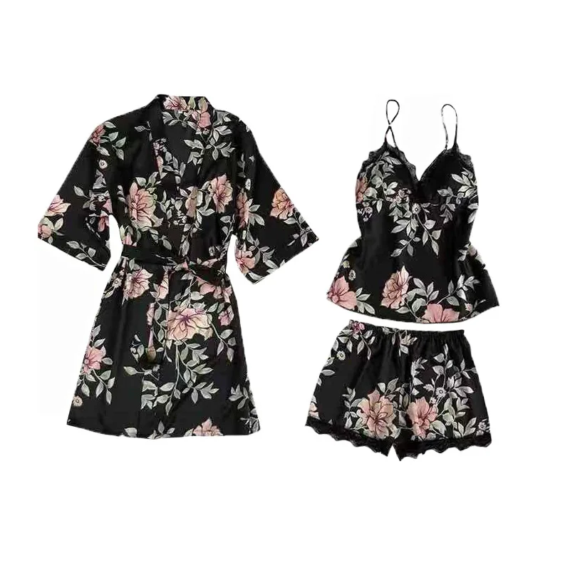 2019 летние женские пижамные комплекты из 3 предметов атласная пижама майка без