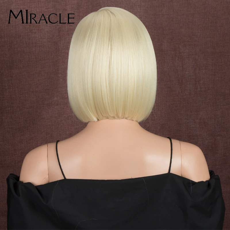 

Miracle Short Bob Straight Hair Side Part Lace Wig Synthetic 11Inch Bob For Black Women Ombre Blonde Heat Resistant Fiber Hair